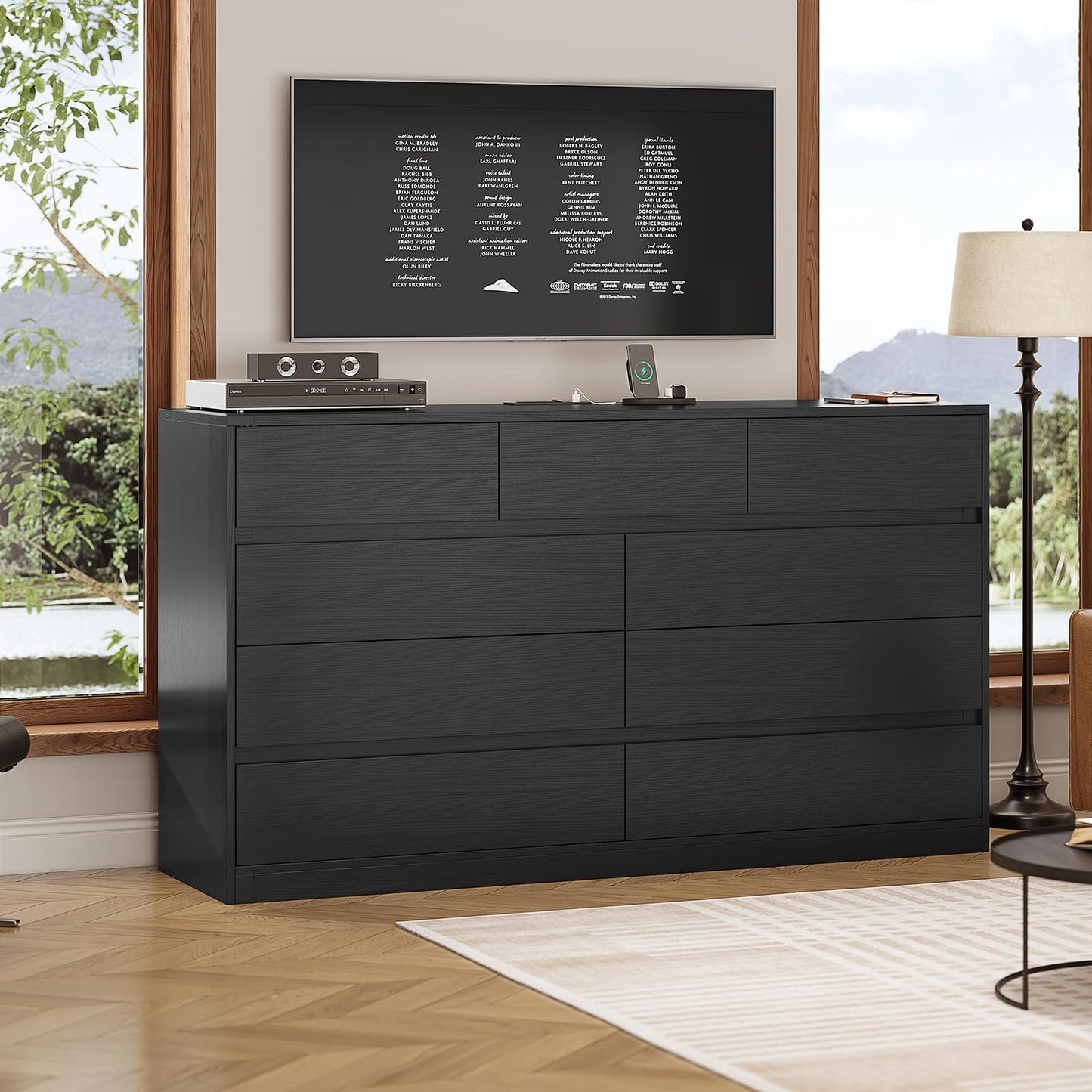 AOGLLATI Black Dresser for Bedroom, 55.1" Long Dresser with 9 Drawers, Dressers & Chest of Drawers with Charging Station Handle Free, Large Wooden Wide 9 Drawer Dresser for Bedroom Living Room,Black