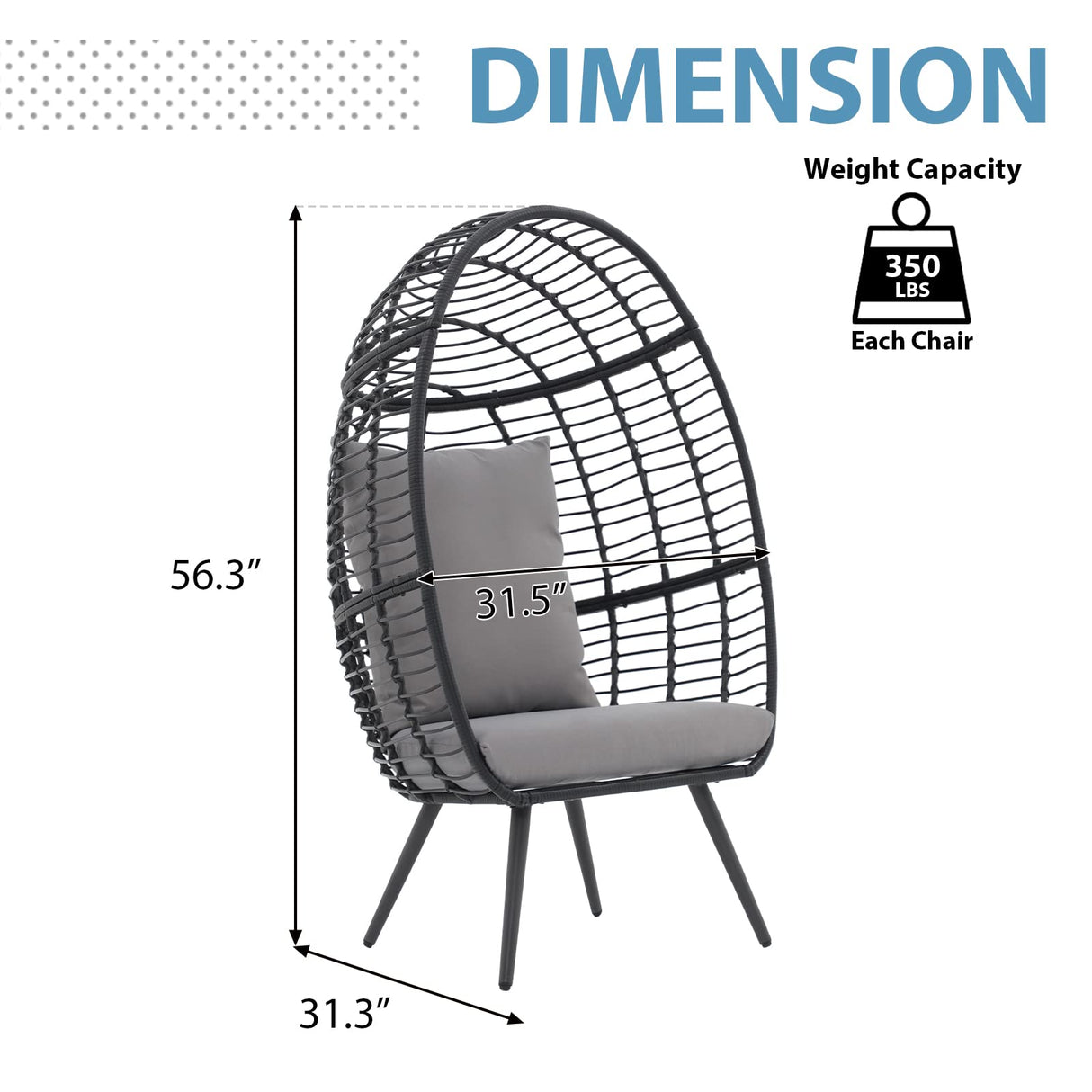 JOIVI Wicker Egg Chair, Oversized Indoor Outdoor Lounger Large Egg Basket Chair with Stand and Cushions for Patio Porch, Backyard, Living Room, Balcony (Black Rattan, Gray Cushion) JOIVI