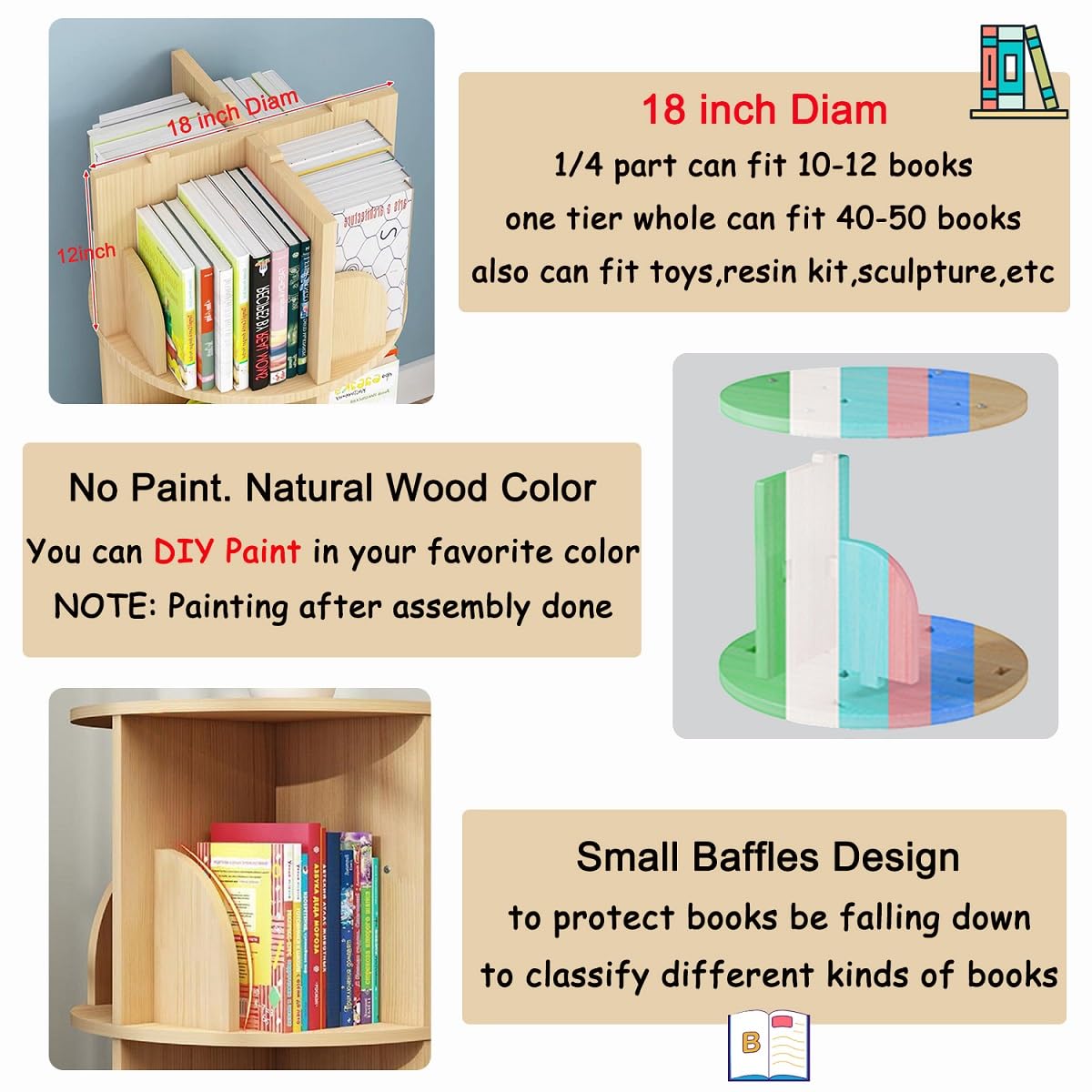 5-Tier Rotating Pine Wood Bookshelf with Legs for Space-Saving Storage - WoodArtSupply