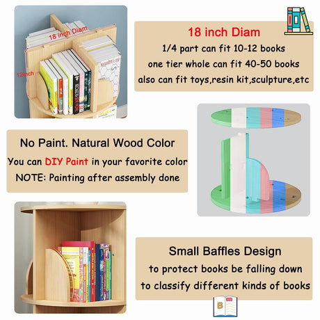 5-Tier Rotating Pine Wood Bookshelf with Legs for Space-Saving Storage Gdrasuya10