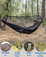 Sunyear Hammock Camping with Rain Fly Tarp and Net, Portable Camping Hammock Double Tree Hammock Outdoor Indoor Backpacking Travel & Survival, 2 Tree Straps,100% Waterproof Black Bundle Sunyear