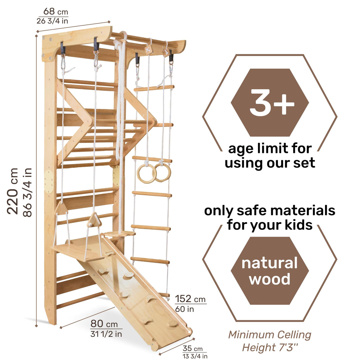 WEDANTA Wooden Swedish Ladder Wall Set – Kids Stall Bars for Exercise – Kids Gymnastic Wall Gym – Wood Gymnastics Playground – Gym for All Family Training Stretching Sport-3 WEDANTA