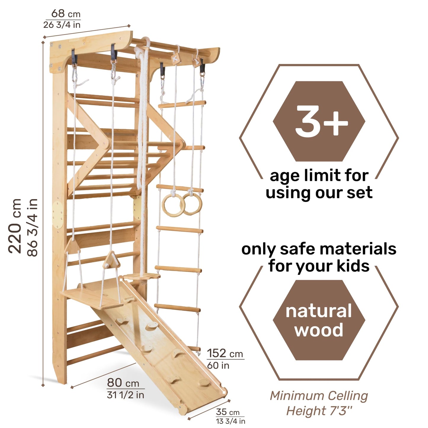 WEDANTA Wooden Swedish Ladder Wall Set – Kids Stall Bars for Exercise – Kids Gymnastic Wall Gym – Wood Gymnastics Playground – Gym for All Family Training Stretching Sport-3