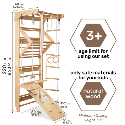 WEDANTA Wooden Swedish Ladder Wall Set – Kids Stall Bars for Exercise – Kids Gymnastic Wall Gym – Wood Gymnastics Playground – Gym for All Family Training Stretching Sport-3