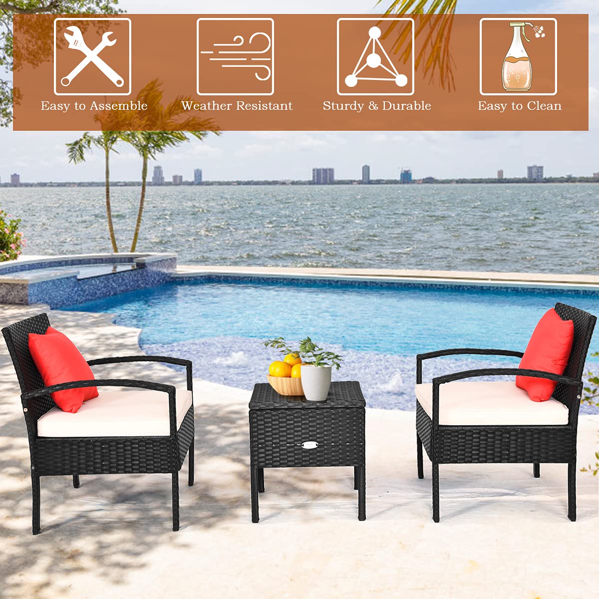 COSTWAY Rattan Patio Furniture Set 3 Pieces, Wicker Conversation Set with Tempered Glass Coffee Table, Seat Cushions, Outdoor Chair Wicker Sofa for Backyard Balcony Porch Poolside, White COSTWAY