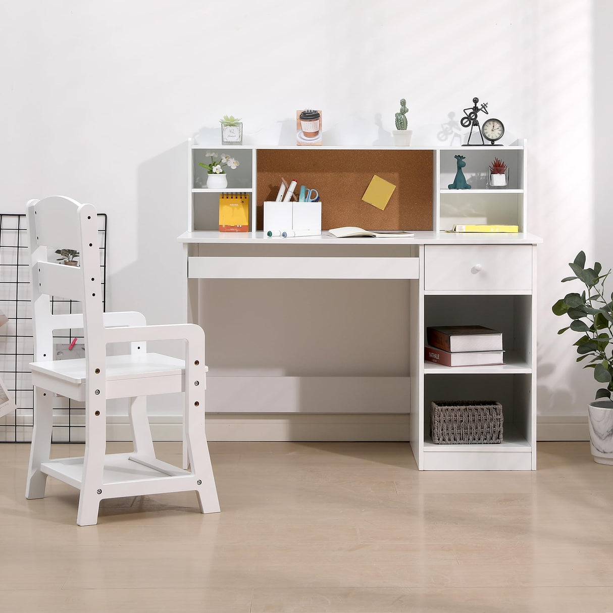 Kids Desk and Chair Set, Wooden Study Table with Storage Shelf, Bulletin Board, Keyboard Stand and Pen Holder, Children School Learning Desk Set, Writing Table for Boys and Girls, White GarveeHome