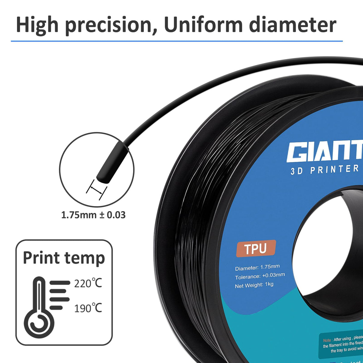 GIANTARM Black TPU Filament, 95A TPU Filament 1.75mm, Dimensional Accuracy +/- 0.03, Flexible Soft 3D Printer Filament 1kg Spool(2.2 lbs), Vacuum Packaging (Black) GIANTARM