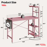 Bestier Pink Gaming Desk with Power Outlets, 44 Inch Led Gamer Desk with 4 Tiers Reversible Shelves, Pink Computer Desk with Headset Hook & Side Storage Bag for Bedroom (Pink 3D Carbon Fiber) Bestier