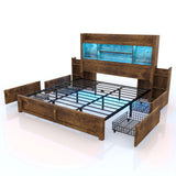 LUXOAK Rustic Brown King Bed Frame with Bookcase Headboard, RGB LED, Charging Station, and Storage Drawers LUXOAK