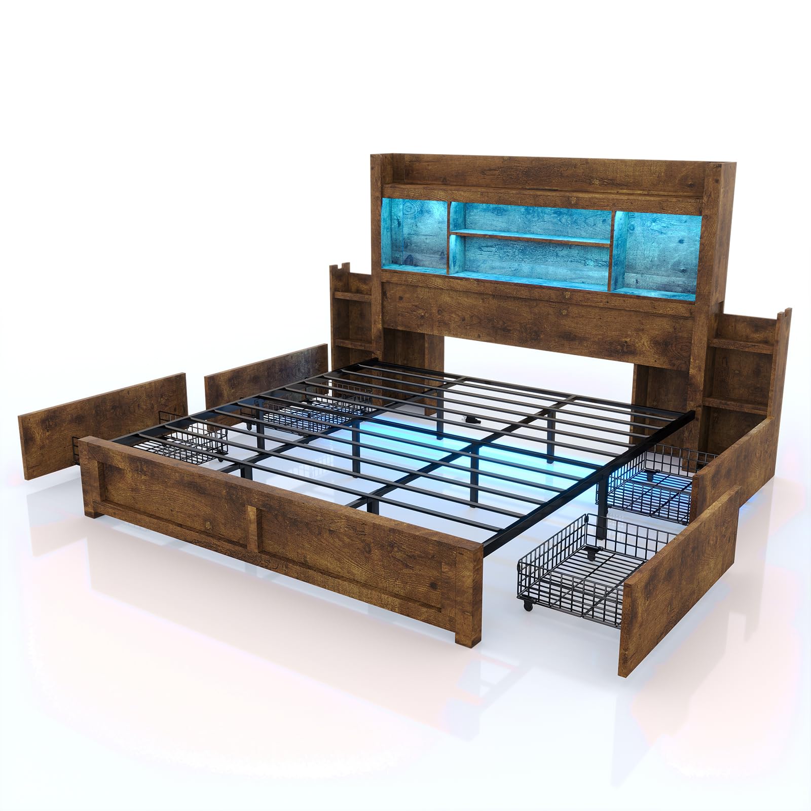 LUXOAK Rustic Brown King Bed Frame with Bookcase Headboard, RGB LED, Charging Station, and Storage Drawers - WoodArtSupply