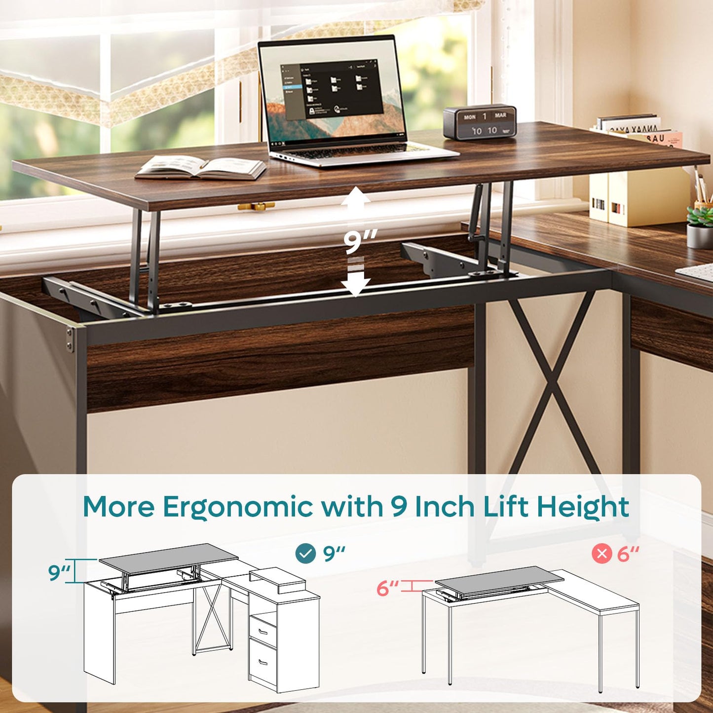 Bestier Lift Top L Shaped Desk with File Drawer, 55'' x 55'' Office Desk with Reversible Storage Drawers, L Shaped Standing Desk with Computer Monitor Stand (Walnut, 55'' x 55'') - WoodArtSupply