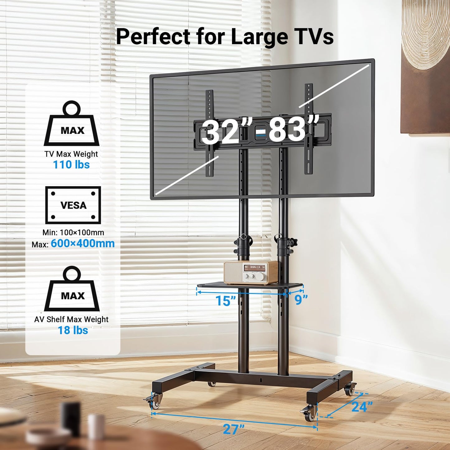 PERLESMITH Rolling TV Stand on Wheels for 32-83 Inch Screens up to 110lbs, Mobile TV Cart Height Adjustable Portable Outdoor TV Stand Tilt Rolling TV Cart with Shelf Max VESA 600x400mm PSTVMC03