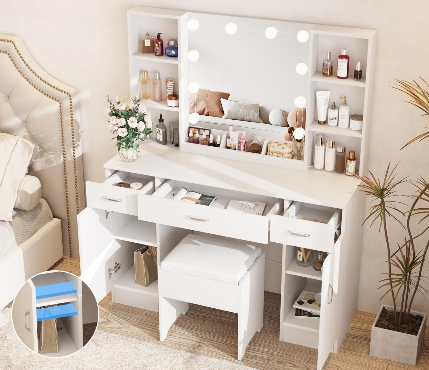 Vabches Vanity with Lighted Mirror, Large Vanity Desk Makeup Vanity Table Set with Comfortable Bench and Side Cabinets, Lots Storage, 45.2inch, White - WoodArtSupply