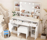 Vabches Vanity with Lighted Mirror, Large Vanity Desk Makeup Vanity Table Set with Comfortable Bench and Side Cabinets, Lots Storage, 45.2inch, White Vabches
