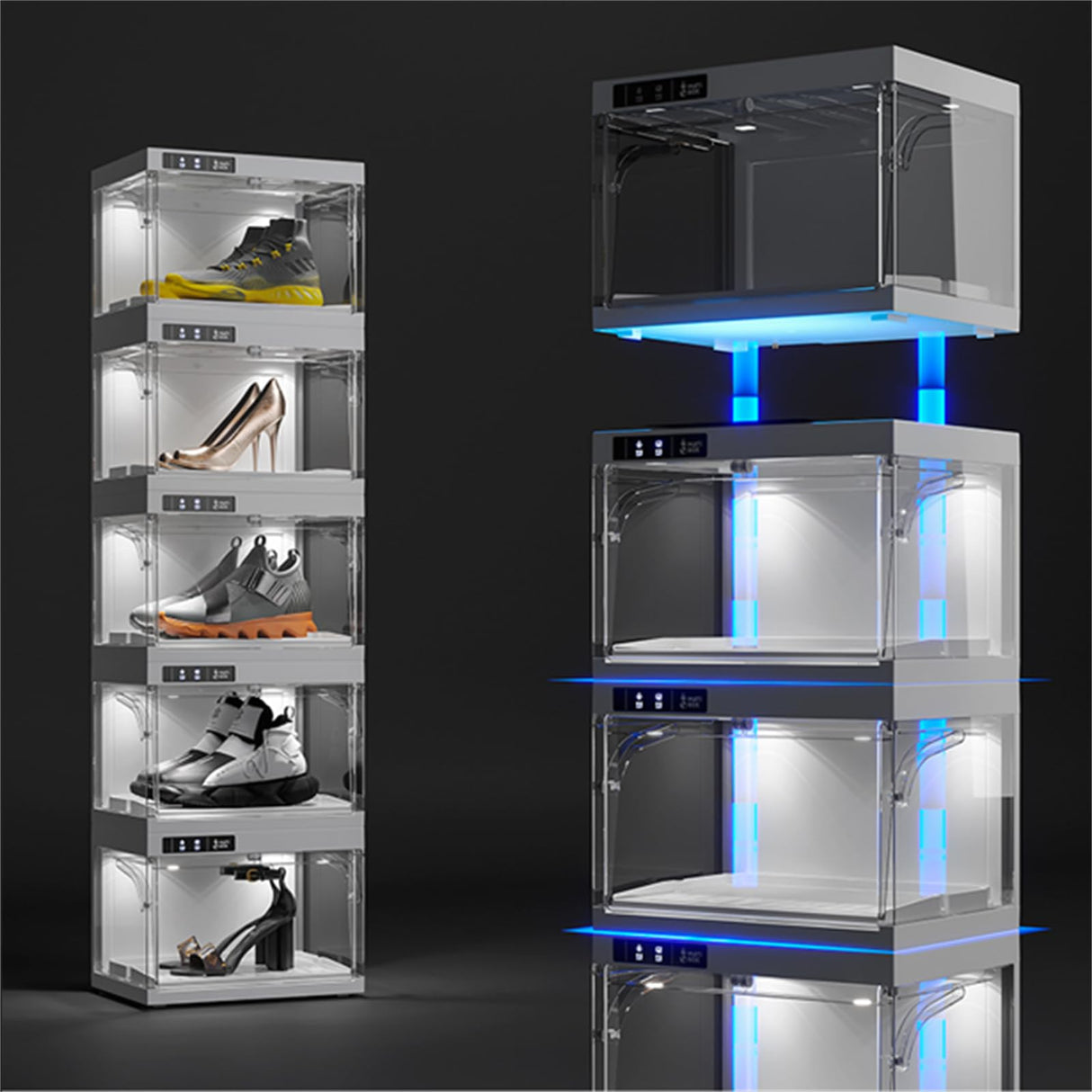 BPKADHY 2 Pcs Shoe Storage LED Smart Shoe Box, Auto-Opening Shoe Boxes Stackable Shoe Storage Organizer for Sneaker Display Case & Collection Crate White (2 PCS) BPKADHY
