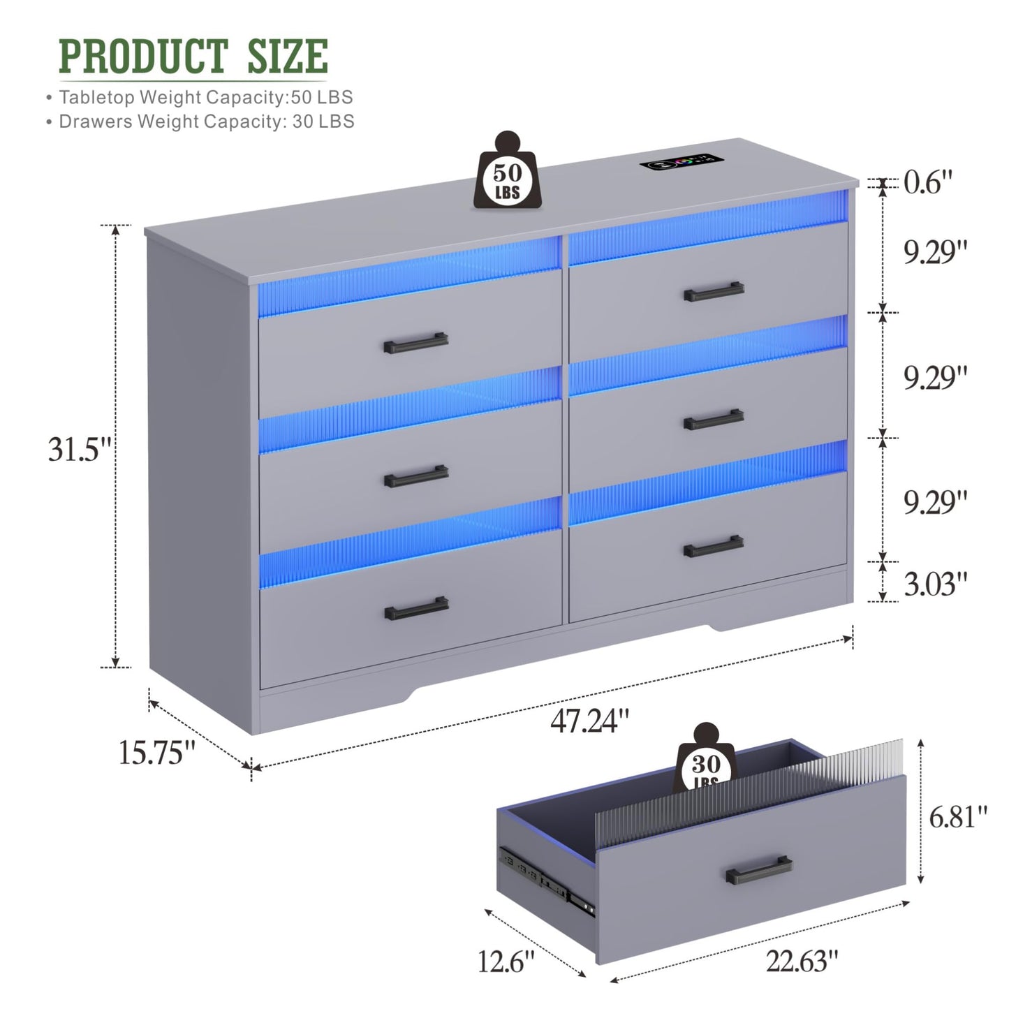 Grey Dresser for Bedroom with LED Light, 6 Drawer Large Chest of Drawers, Modern Dresser with Charging Station, Wood Bedroom Dresser for Closet/Living Room/Hallway - WoodArtSupply