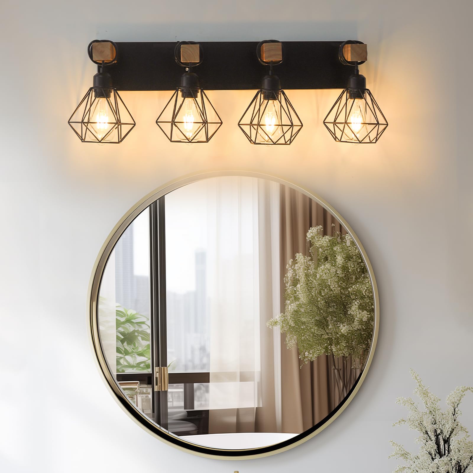 Floresita Farmhouse Vanity Light for Bathroom, 4-Light Bathroom Vanity Light Fixtures, Wood Bathroom Lighting Fixtures with Cage Metal Lampshade for Mirror,Bathroom - WoodArtSupply