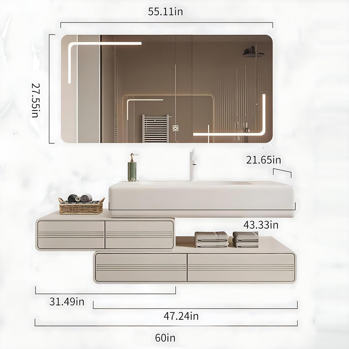 ZGNBSD Bathroom Vanity with Sink - Modern Bathroom Sink Cabinet Set, Equipped with LED Smart Defogger Mirror, Stylish Floating Vanity Bathroom, Gift for Wife and Daughter (60") ZGNBSD