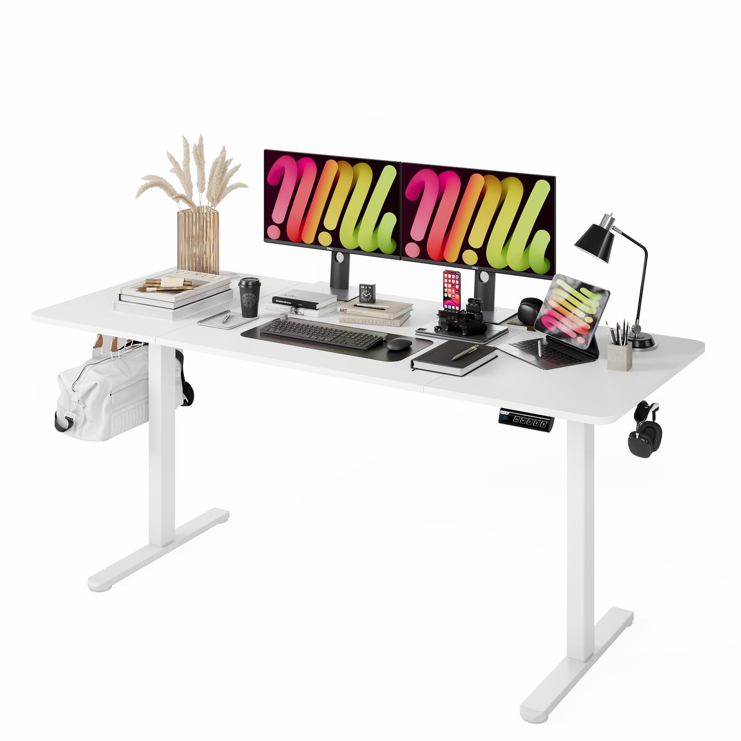 Monomi Electric Standing Desk, 63 x 28 inches Height Adjustable Desk, Ergonomic Home Office Sit Stand Up Desk with Memory Preset Controller (White Top/White Frame) - WoodArtSupply