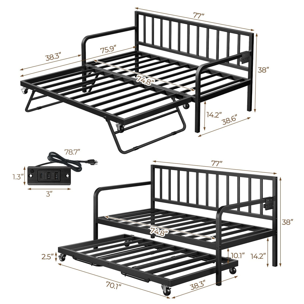 Rolanstar Daybed with Charging Station and LED Lights, Height Adjustable Twin Daybed with Trundle, Metal Sofa Bed Frame with Steel Slat Support for Living Room, Bedroom and Guest Room, Black Rolanstar