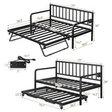 Rolanstar Daybed with Charging Station and LED Lights, Height Adjustable Twin Daybed with Trundle, Metal Sofa Bed Frame with Steel Slat Support for Living Room, Bedroom and Guest Room, Black Rolanstar