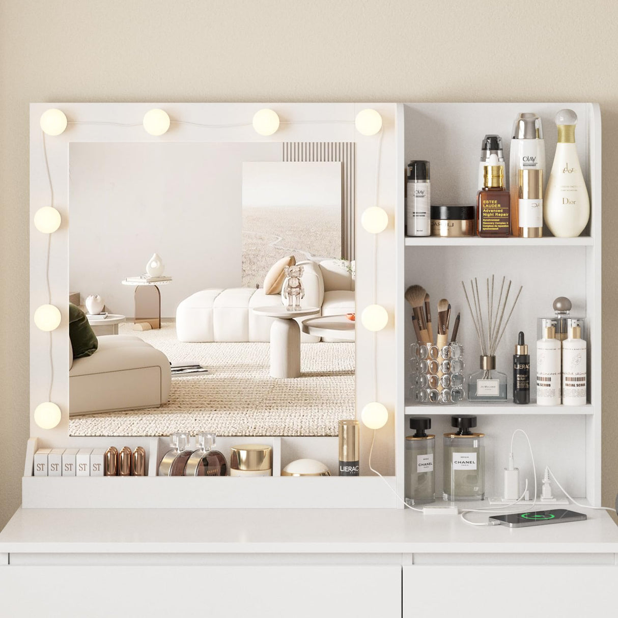 Vabches Vanity, Makeup Vanity Desk Set with Mirror & Light, Dressing Table Storage Lots with Power Strip, 3 Lighting Modes with Adjustable Brightness, 37 Inches (White) (White with Stool) Vabches