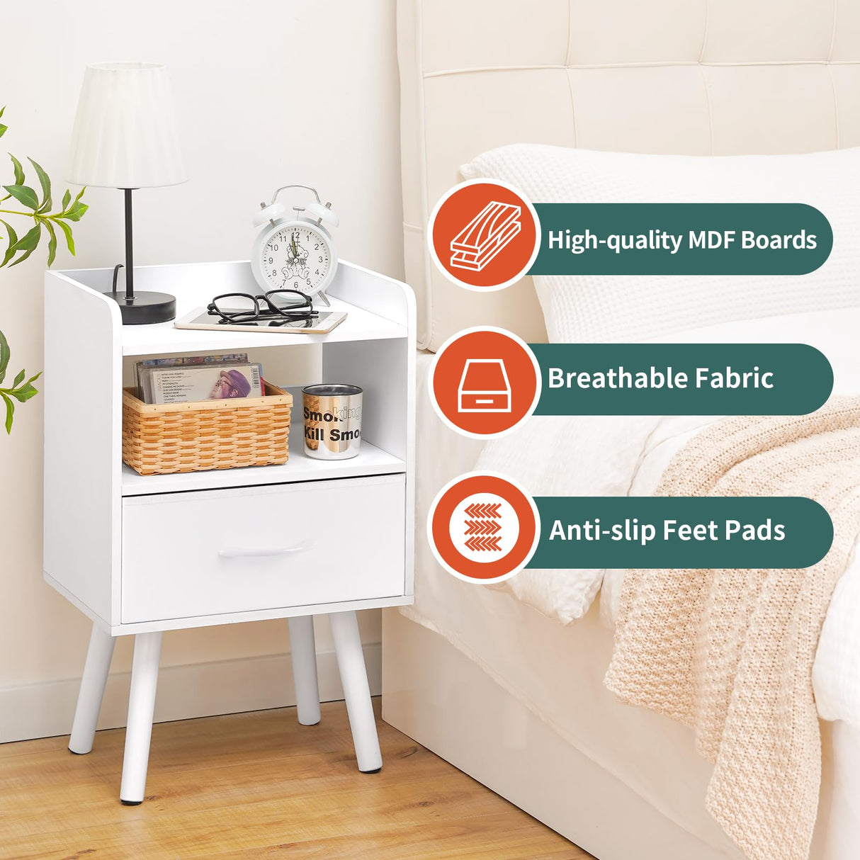 Yoobure Night Stand with Drawer, Modern Nightstand, Bedside Tables, Mid Century Nightstands with Open Storage Shelf, Wood Bedside Table, Small Night Stands for Bedrooms, 2-Tier Night Table Yoobure