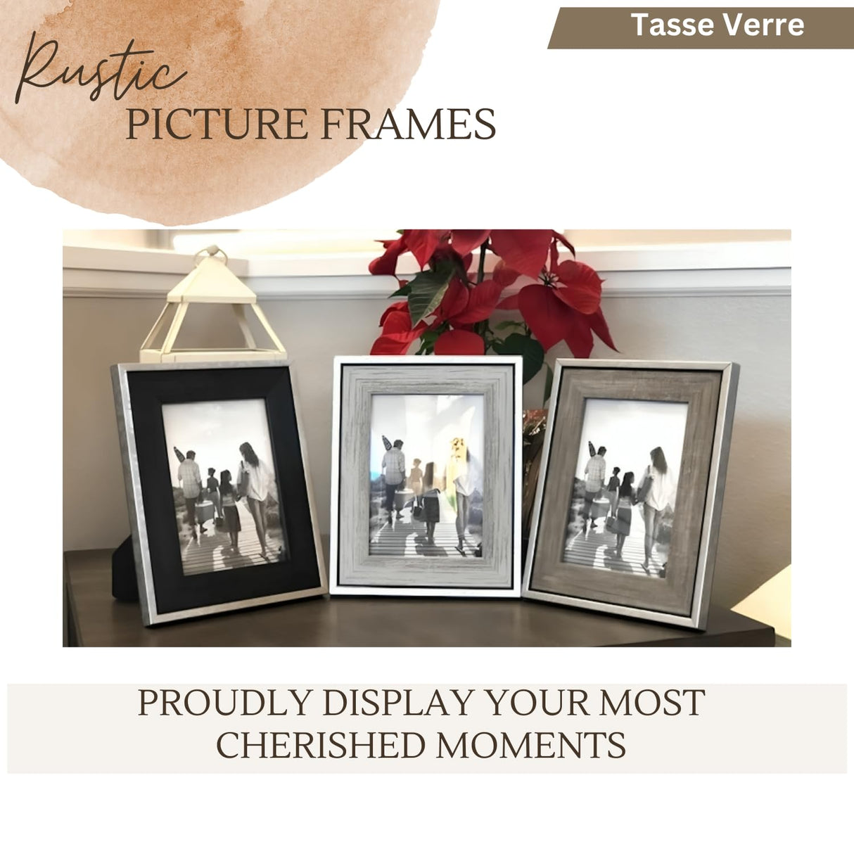 Tasse Verre 5x7 Rustic Picture Frames 3-Pack, Distressed Farmhouse-Style Table Frame, Brushed Industrial Silver Metal Look Frame with Wood Looking Insert, Ready-to-Hang Hooks. Tasse Verre