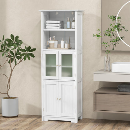 COSTWAY Tall Bathroom Storage Cabinet, Freestanding Kitchen Pantry Cabinet with Glass Doors and Adjustable Shelf, 64” Wooden Linen Floor Cabinet for Bathroom, Living Room, Kitchen (White)