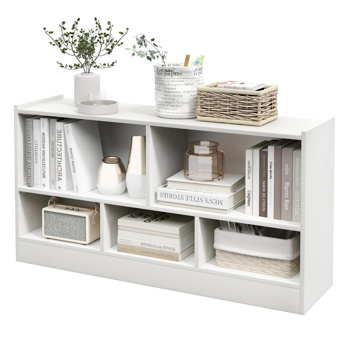 IFANNY 5 Cube Bookcase, 2 Tier Bookshelf Organizer w/Open Compartments, Horizontal Wood Bookshelves & Bookcases with Storage, Modern Book Shelf for Bedroom, Living Room, Play Room (White) WoodArtSupply