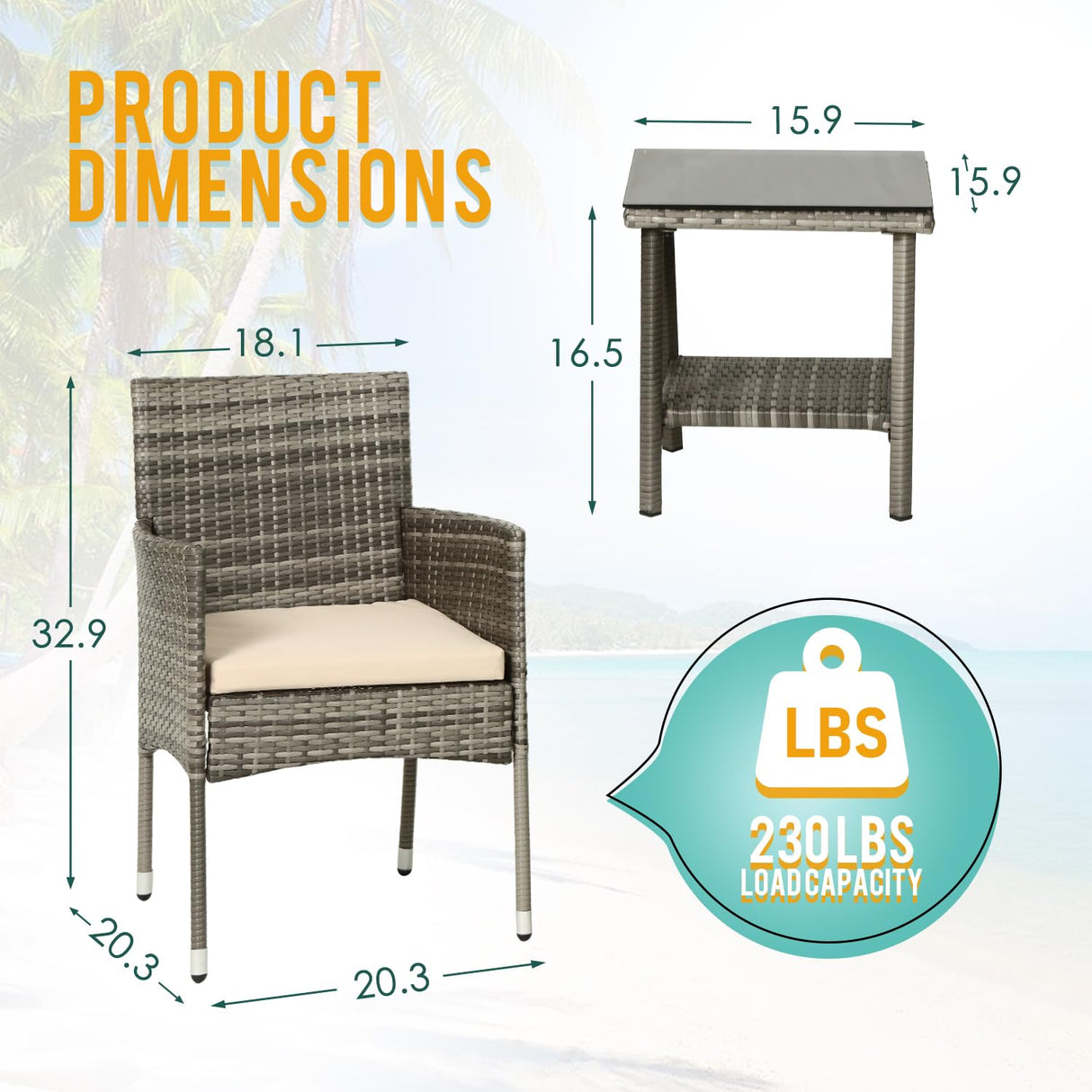 PayLessHere Set of 3 Outdoor Furniture Set Patio Furniture Set Gray Conversation Set with 2 Rattan Chairs Glass Coffee Table for Coffee Bar Poolside Patio Outdoor, Khaki Cushions PayLessHere