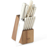 MARTHA STEWART Eastwalk 14 Piece High Carbon Stainless Steel Cutlery Kitchen Knife Block Set w/ABS Triple Riveted Forged Handle Acacia Wood Block - Linen White Martha Stewart