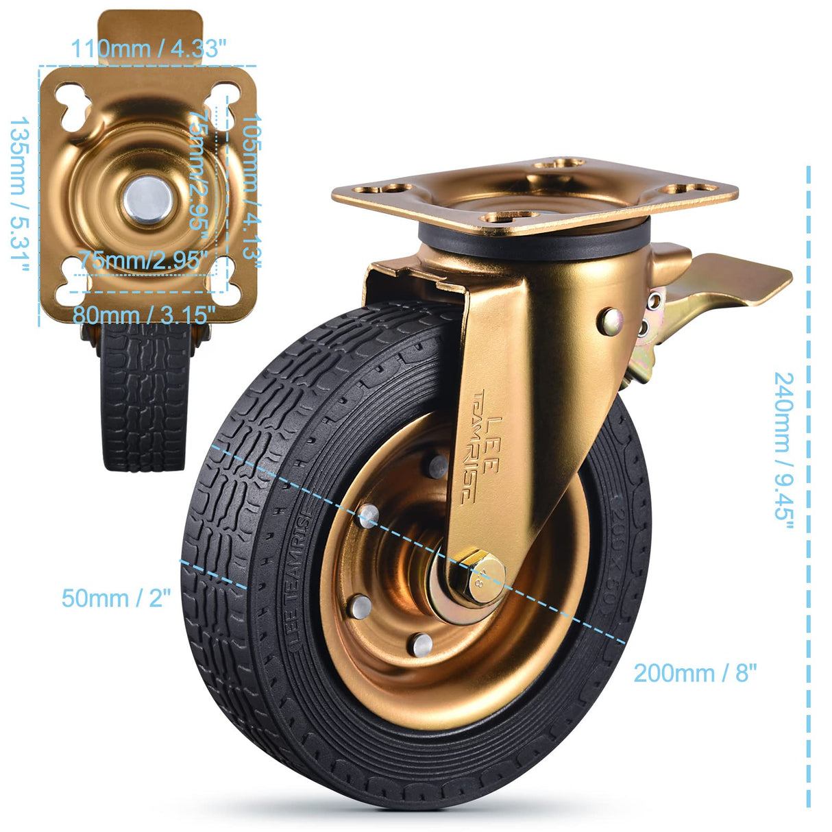 Fixed Casters Set of 4 Heavy Duty 8 Inch Plate Swivel Industrial Solid Rubber Rigid Caster Wheels for Cart Workbench Outdoor Castors Dual Locking Replacement 3200Lbs Load Capacity Bolts Screws Include LEE TEAM RISE