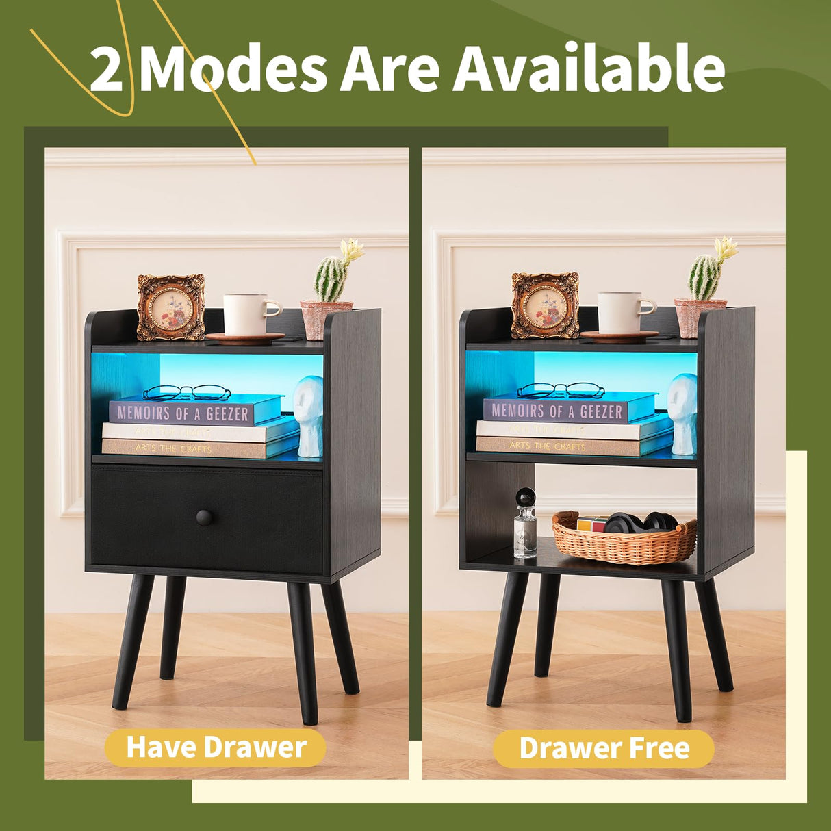 Yoobure Nightstand with Charging Station, Modern Night Stand with LED Lights, Wood Nightstands with Fabric Drawer & Storage Shelf, Night Stands Bedside Table with USB Ports for Bedroom, Office, Home Yoobure