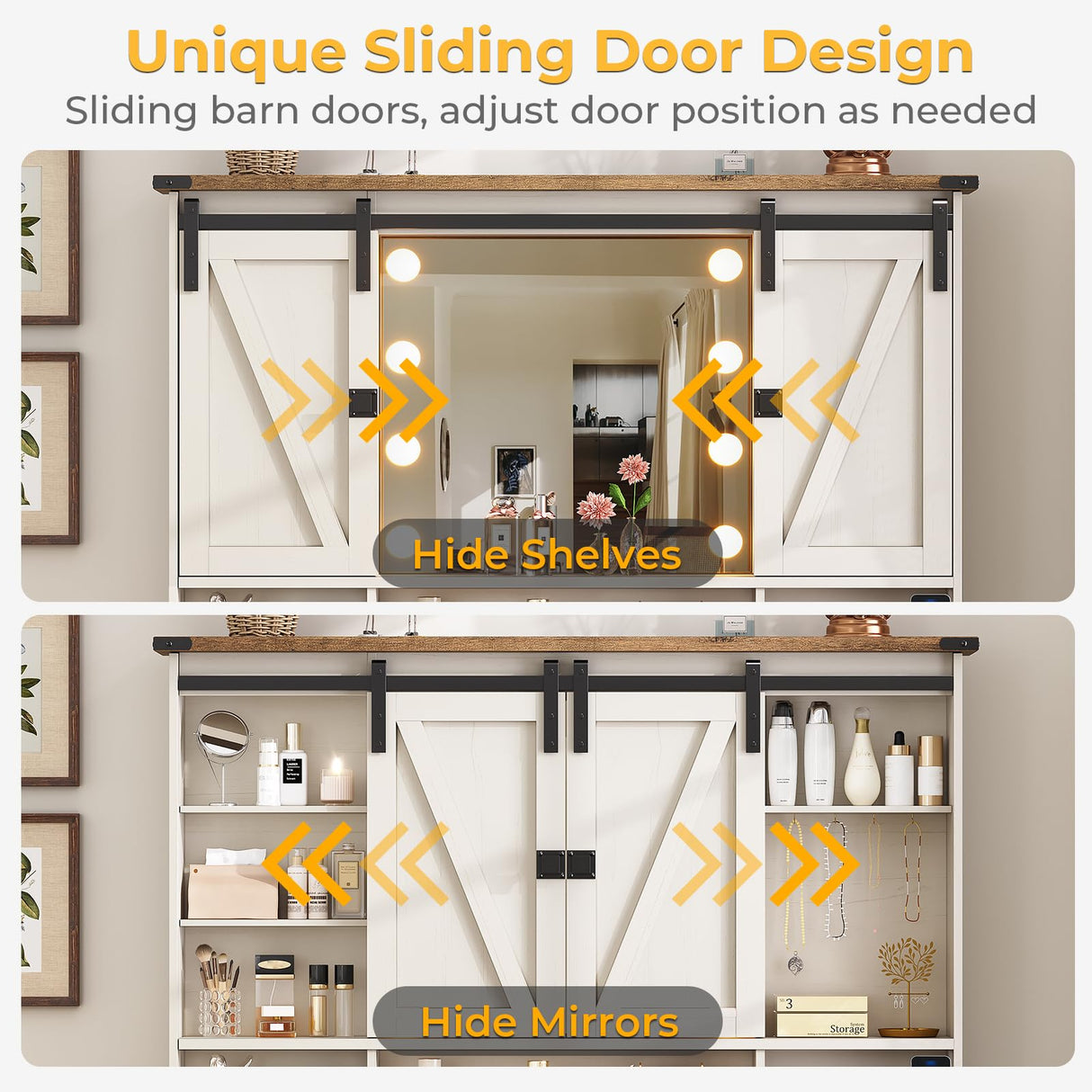 Farmhouse Vanity Desk with Mirror and Lights, 41" Sliding Door Makeup Vanity with Charging Station, Large Vanity Table with Drawers/Shelves/Cabinet Storage, Antique White MSmask