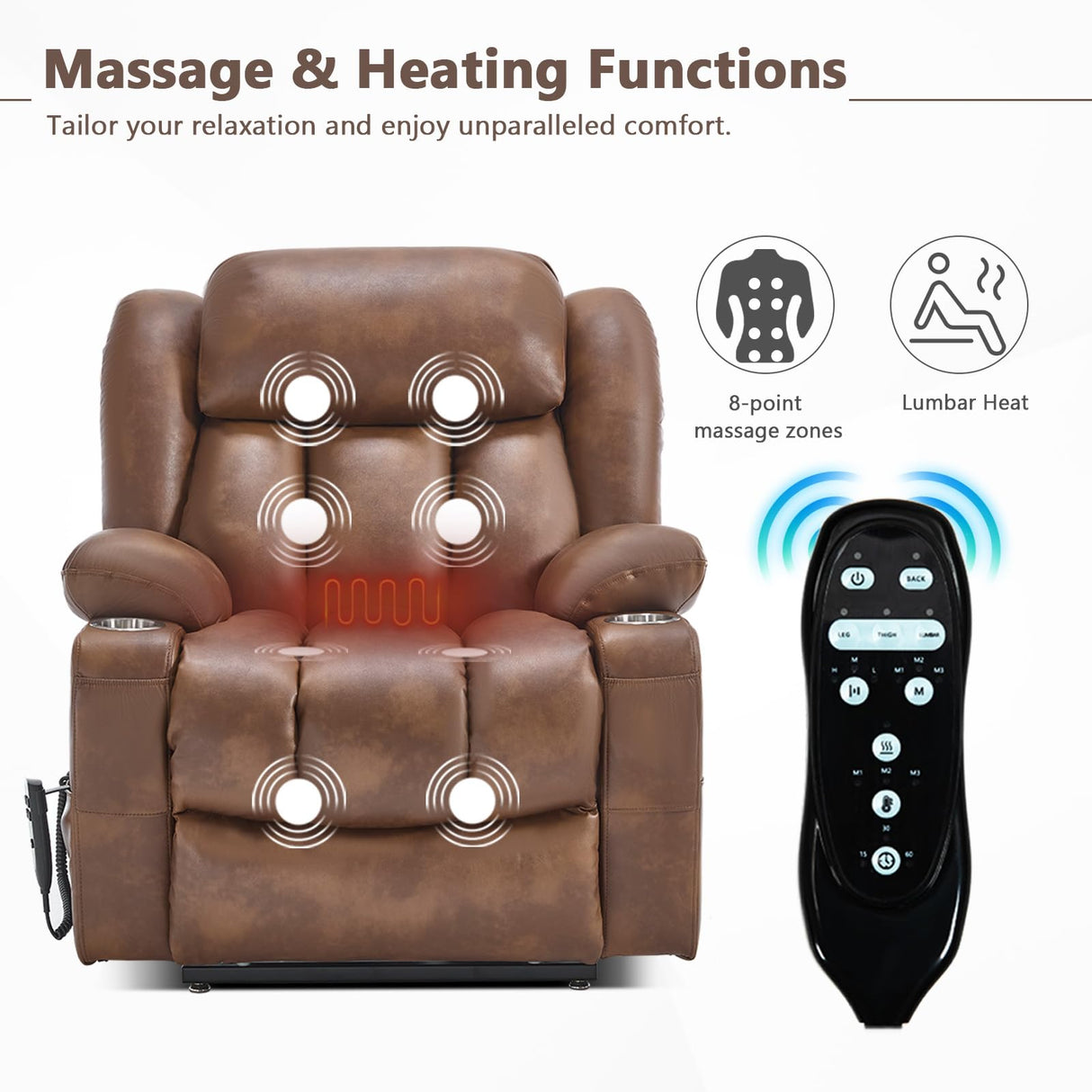 EZZUP Lay Flat Lift Recliner Chair with Massage & Heat for Elderly People, Electric Power Lift Chair with Dual Motor, Cup Holders and 2 Remote Controls, Breathable Faux Leather Brown EZZUP