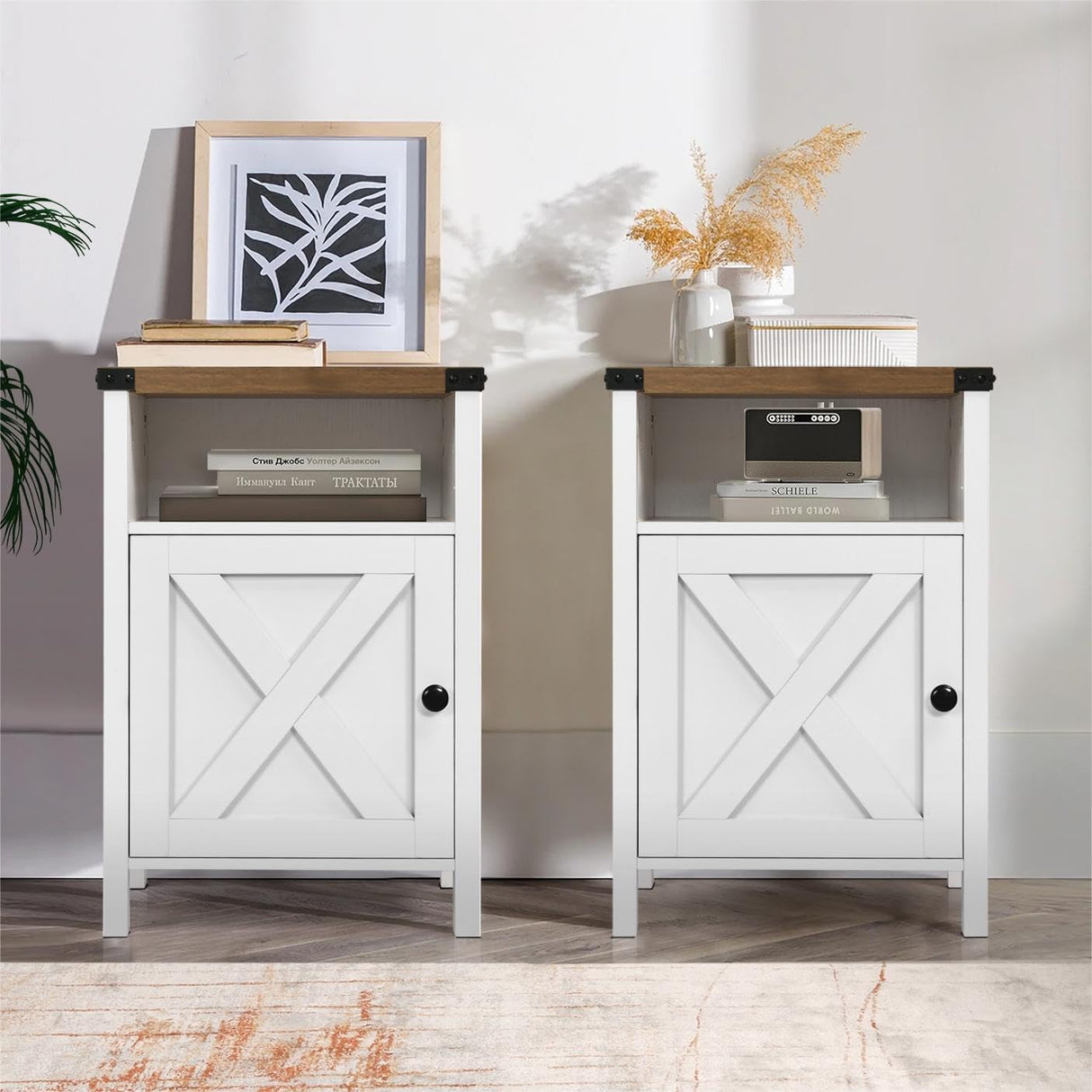 Catrimown Farmhouse End Table, Nightstand Set of 2, Rustic Night Stand with Barn Door and Storage Shelf, White End Table, Side Table for Bedroom Living Room, White Catrimown