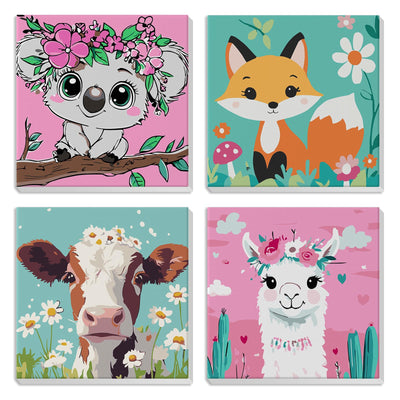 MXJSUA 4 Pack Framed Cute Animals Paint by Numbers for Kids Ages 6-12, Koala Fox Llama Cow Paint by Number Kits for Children Beginner, Acrylic Oil Painting for Home Wall Decor (8x8inch)