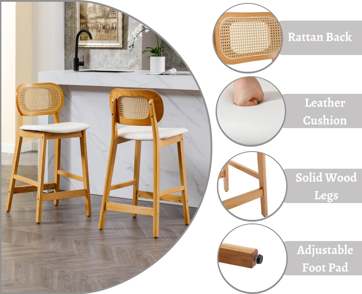 EALSON Counter Height Bar Stools Set of 4 Rattan Back Farmhouse Barstools Mid Century Modern Bar Chairs with Natural Wood Legs Comfortable Leather Upholstered Kitchen Island Chairs, White - WoodArtSupply