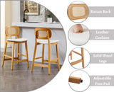 EALSON Counter Height Bar Stools Set of 4 Rattan Back Farmhouse Barstools Mid Century Modern Bar Chairs with Natural Wood Legs Comfortable Leather Upholstered Kitchen Island Chairs, White EALSON