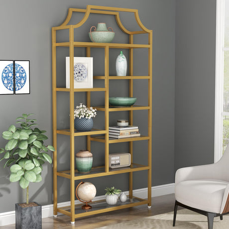 Loomie 8-Open Shelf Bookshelf, 70.87" H x 31.5" L Lux Etagere, Tempered Glass Bookcase, Tall Storage Display Modern Open Book Case for Bedroom, Home Office & Living Room, Gold Finish & Glass Shelving Loomie
