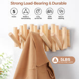 zQSFP Coat Rack Wall Mount with 5 Foldable Hooks – Space-Saving Natural Wood Storage Organizer for Entryway, Bedroom, or Office – Sleek Design, Easy Installation (Big Nature) zQSFP