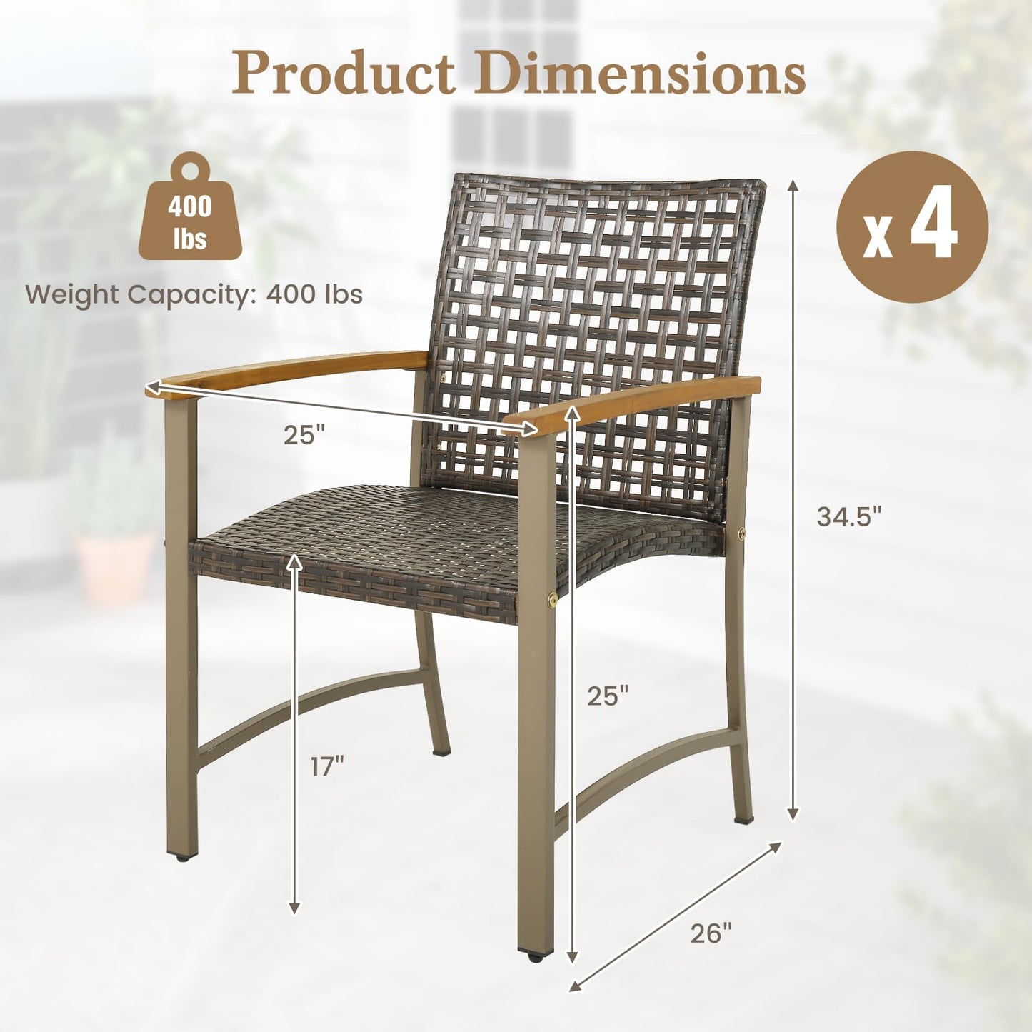 Tangkula Patio Dining Chairs Set of 4, Outdoor PE Wicker & Heavy-Duty Metal Chairs with Acacia Wood Armrests, Outdoor Rattan Armchairs for Garden, Backyard, Poolside, Balcony (Mix Brown) - WoodArtSupply