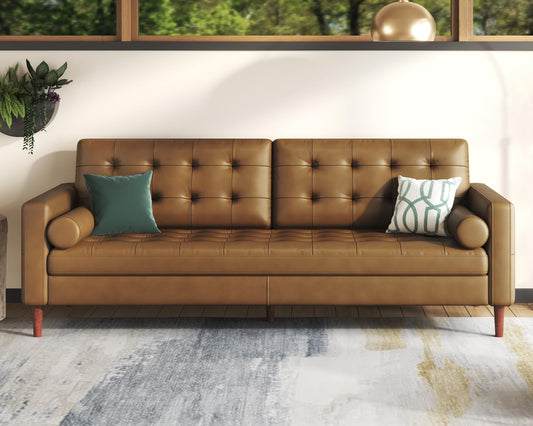 AMERLIFE Genuine Leather Sofa, Mid-Century Modern Leather Couch,3 Seater with Tufted Back, Comfy Sofa for Living Room-Brown Full Grain Leather Couch