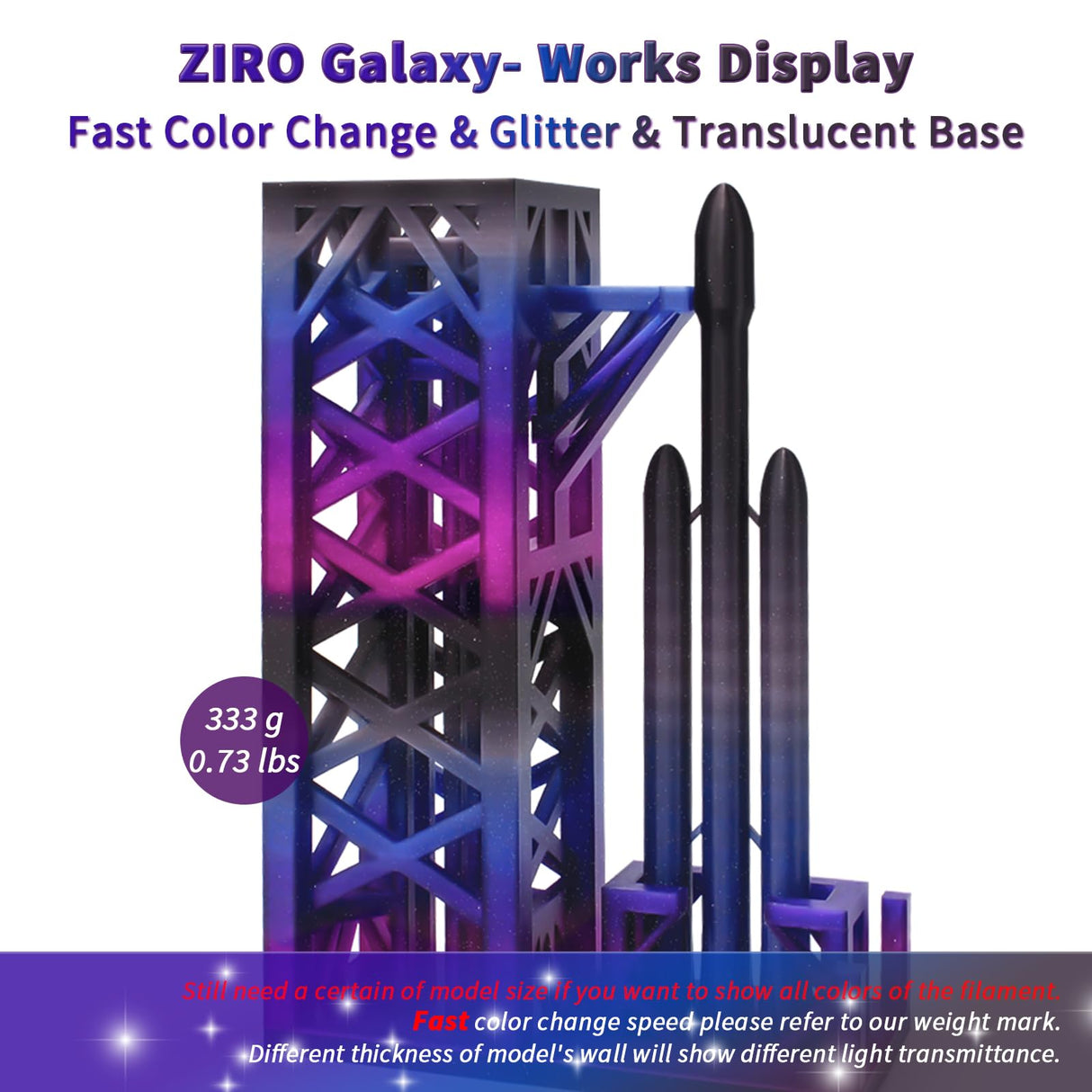ZIRO Fast Color Changing Twinkling PLA, 1.75mm Filament, Sparkle Glitter with Colorful Transluent PLA, 3D Printing Material,1kg Spool, Dimensional Accuracy +/-0.03mm, Galaxy ZIRO