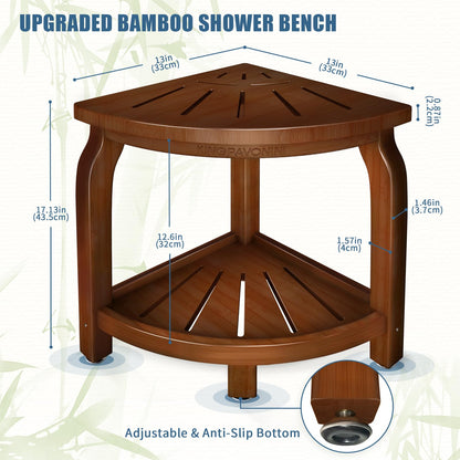 Bamboo Corner Shower Stool for Shaving Legs Foot Rest, Waterproof Bath Bench Seat with Storage Shelf for Bathroom Inside Shower, Hold Up to 450Lbs(Walnut)