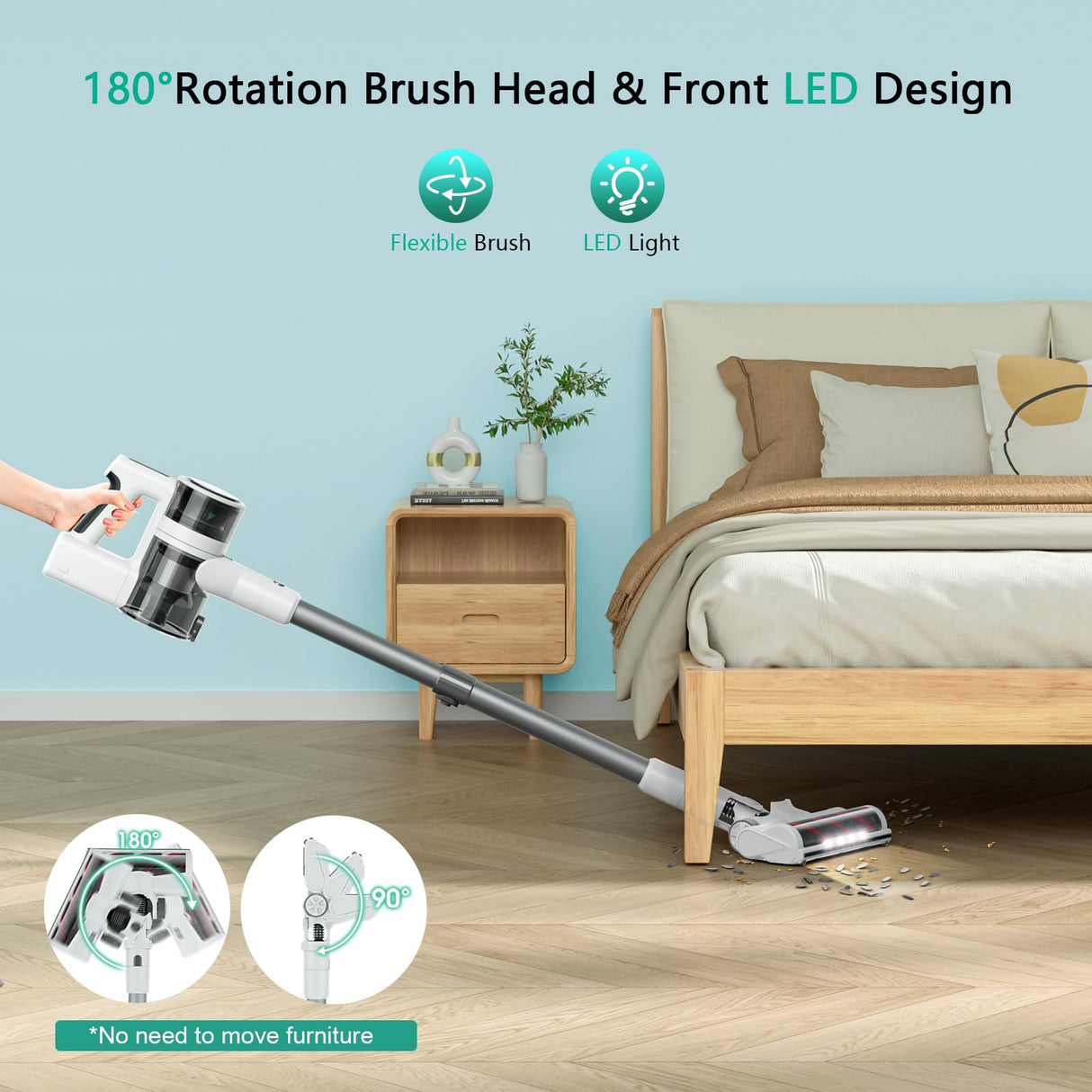 Cordless Vacuum Cleaner, 80,000 RPM Motor and Power Filtration, Stick Vacuum with 2200 mAh Battery, 35 Mins Worktime, 2 Modes, Rotated Multi-Heads, Height-Adjustable Vacuum for Home (Gray Paloma) Comvtu