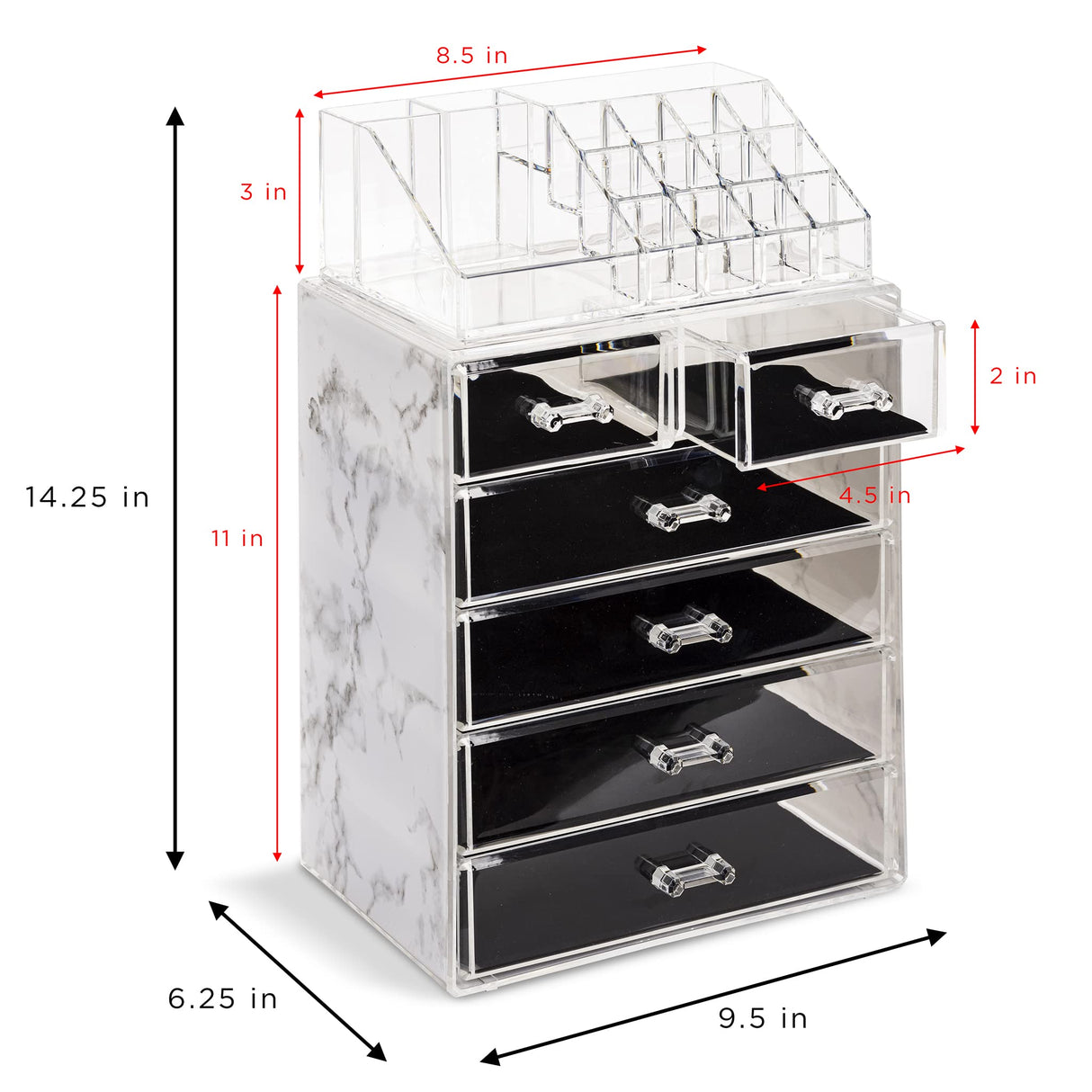 Sorbus Clear Cosmetic Makeup Organizer - Make Up & Jewelry Storage, Case & Display - Spacious Design - Great Holder for Dresser, Bathroom, Vanity & Countertop (4 Large, 2 Small Drawers - Marble Print) Sorbus