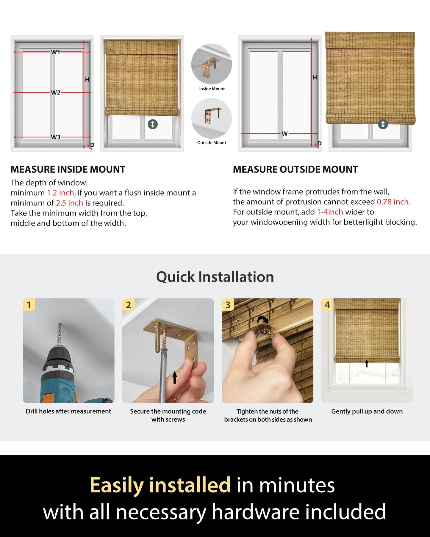 UNISHADES Cordless Bamboo Roman Shades for Windows, Size (22.5" W × 48" H) Colour (BDP-Driftwood)