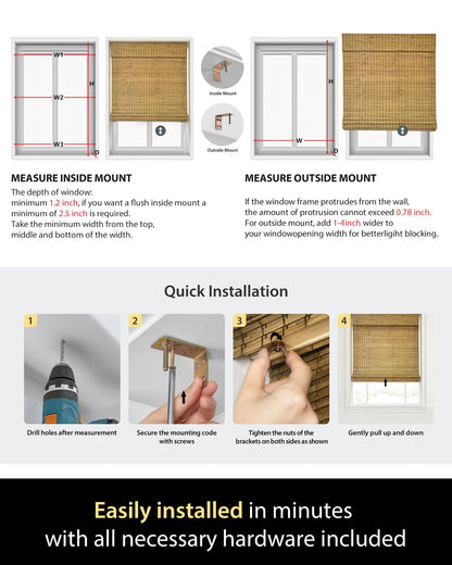 UNISHADES Cordless Bamboo Roman Shades for Windows, Size (22.5" W × 48" H) Colour (BDP-Driftwood)